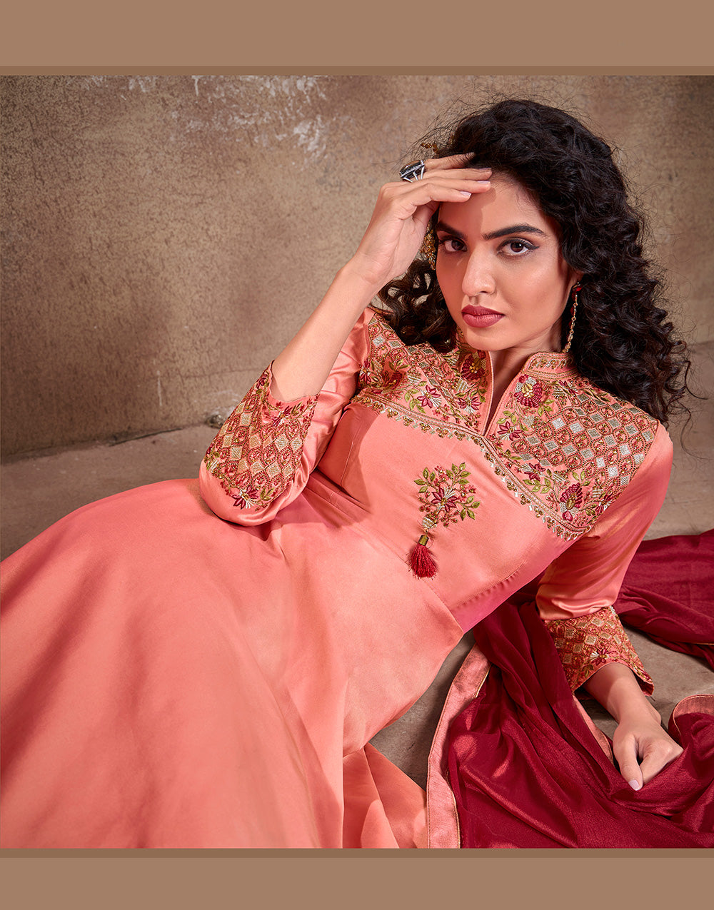 Peach Triva Silk Heavy Embroidery Gown