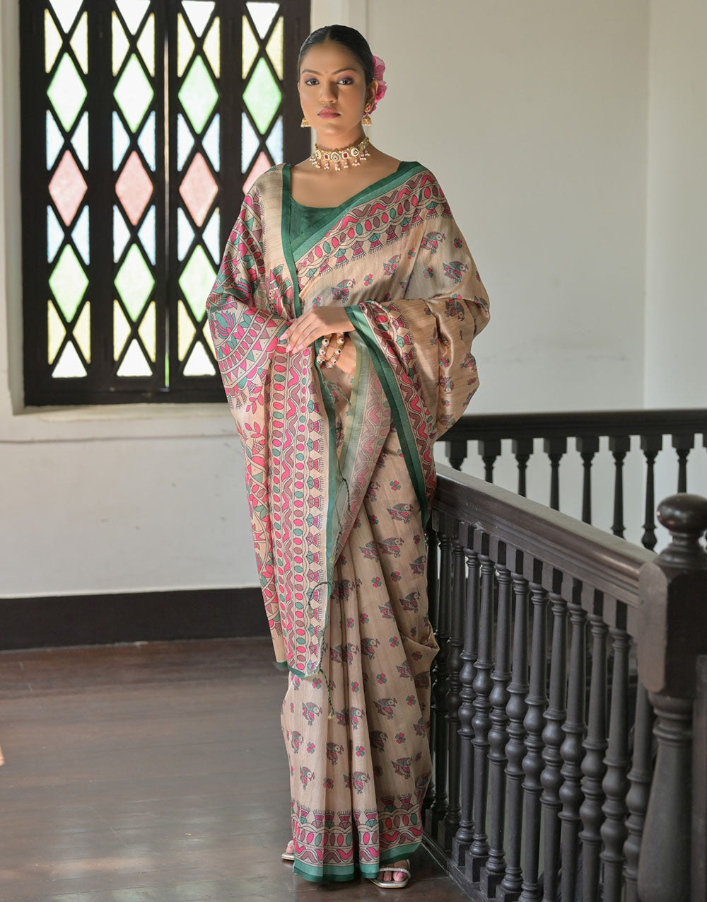 Green & Cream Tussar Silk Saree With Madhubani Printed Work