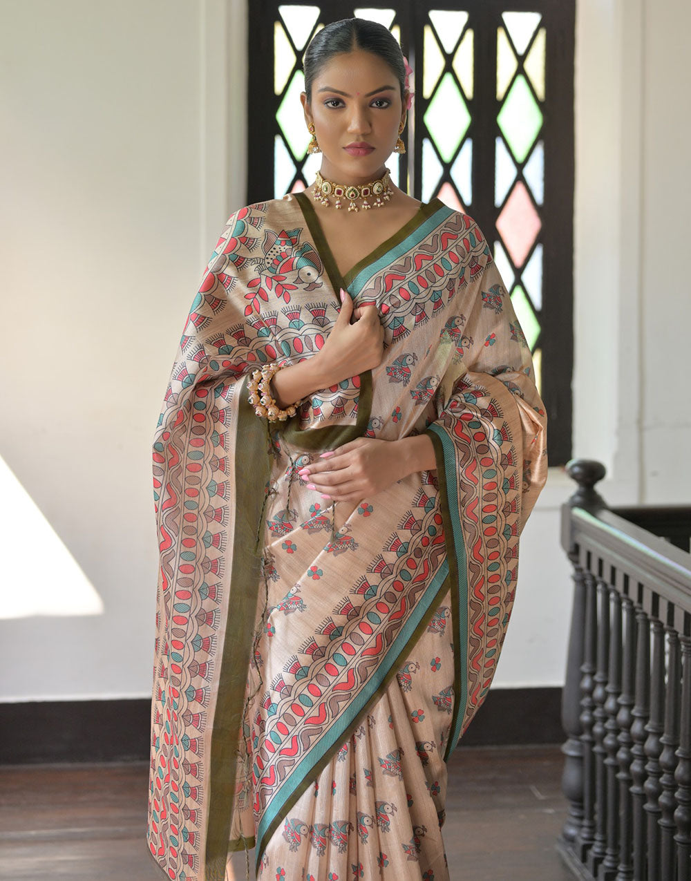 Mehendi Green & Cream Tussar Silk Saree With Madhubani Printed Work