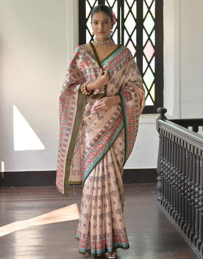 Mehendi Green & Cream Tussar Silk Saree With Madhubani Printed Work