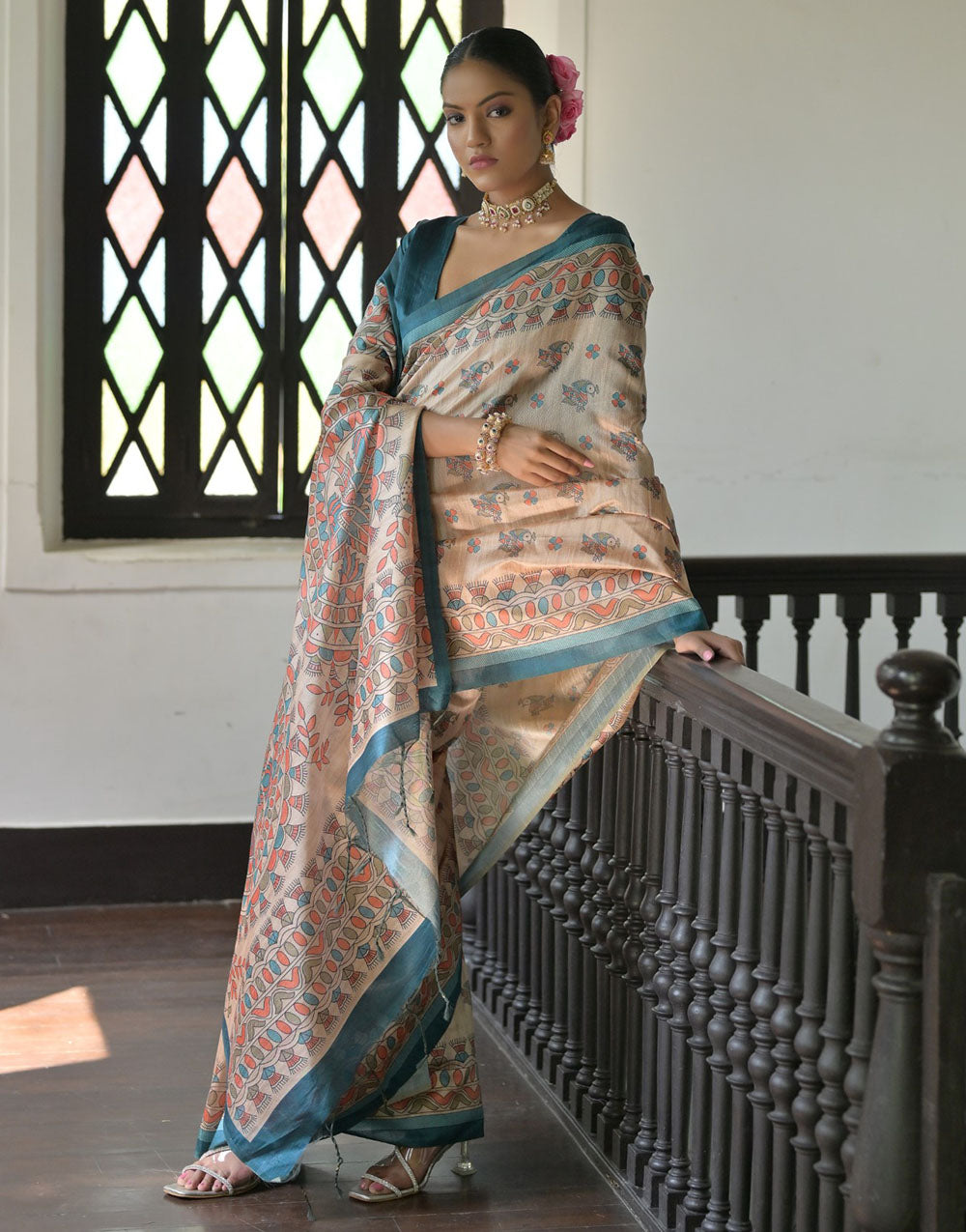 Rama Blue & Cream Tussar Silk Saree With Madhubani Printed Work