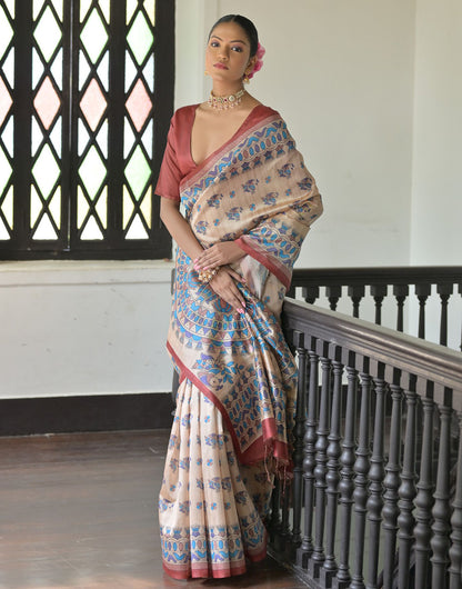 Blush Red & Cream Tussar Silk Saree With Madhubani Printed Work