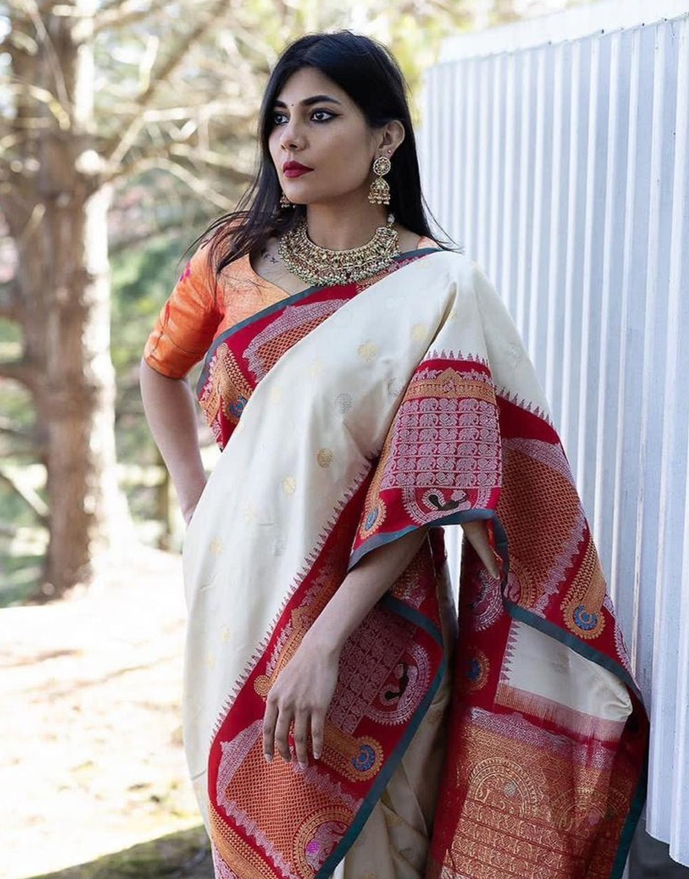 White & Red Soft Banarasi Silk Saree With Zari Weaving Work