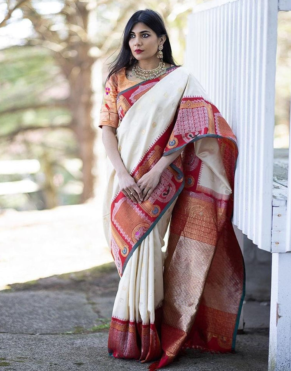 White & Red Soft Banarasi Silk Saree With Zari Weaving Work