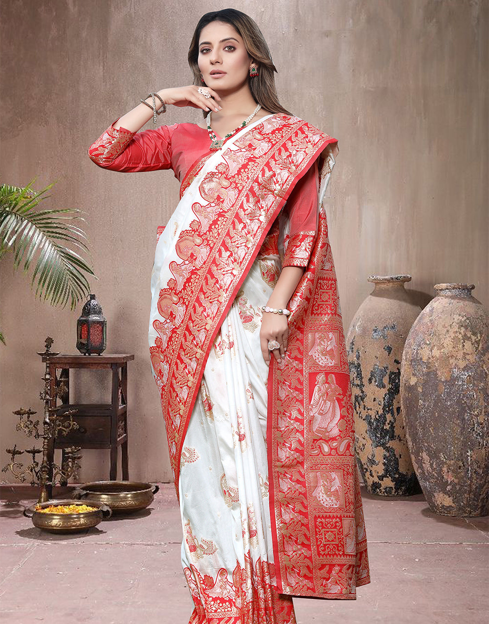 Red Banarasi Silk Saree With Zari Weaving Work