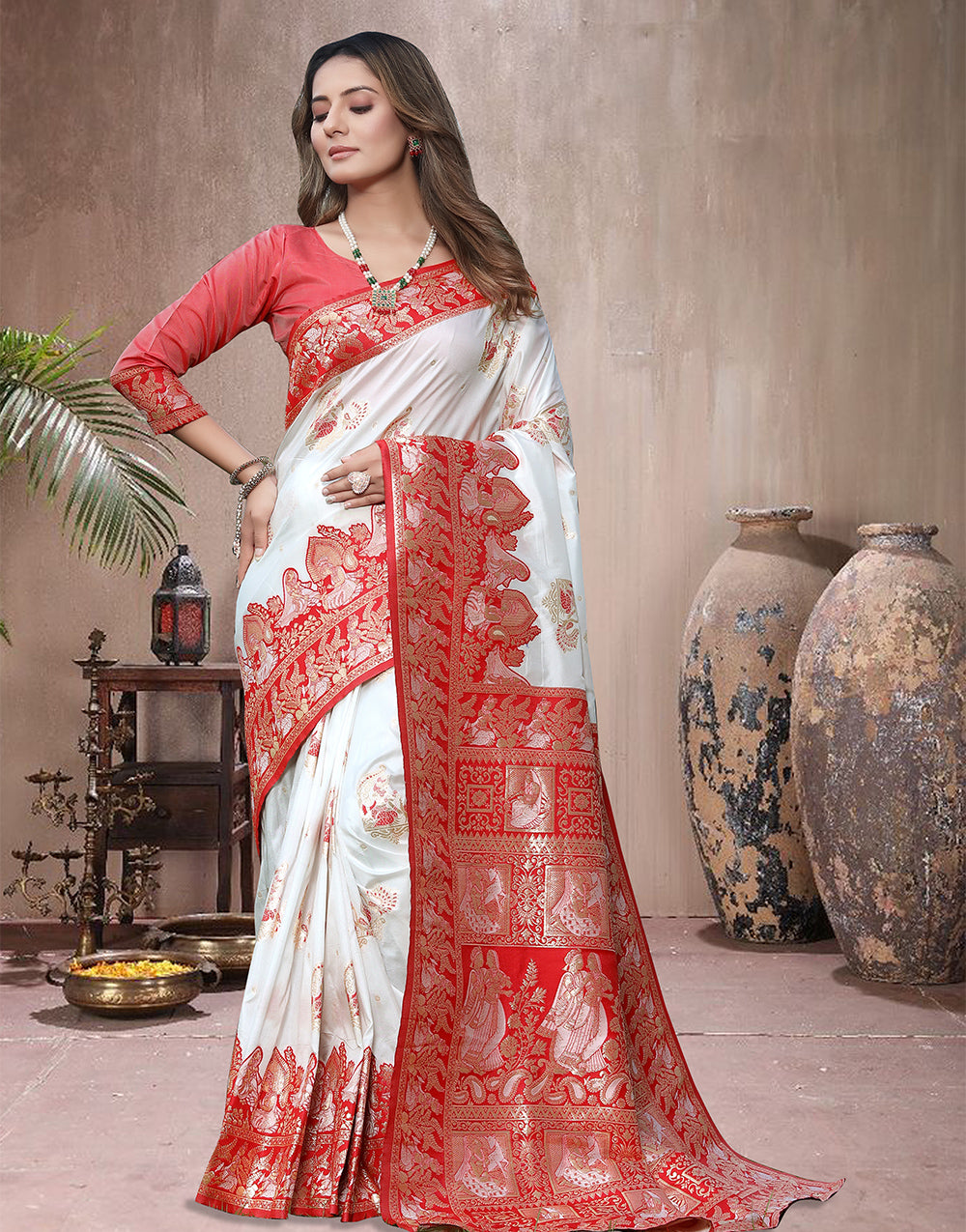 Red Banarasi Silk Saree With Zari Weaving Work