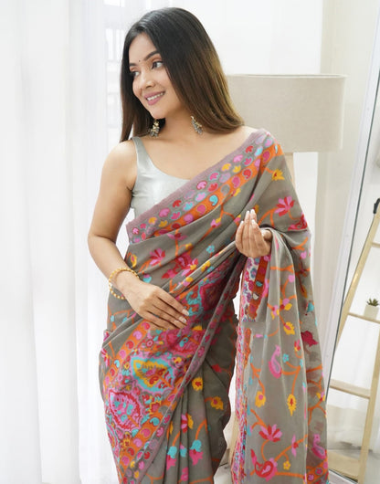 Grey Silk Saree With Kashmiri Weaving Work