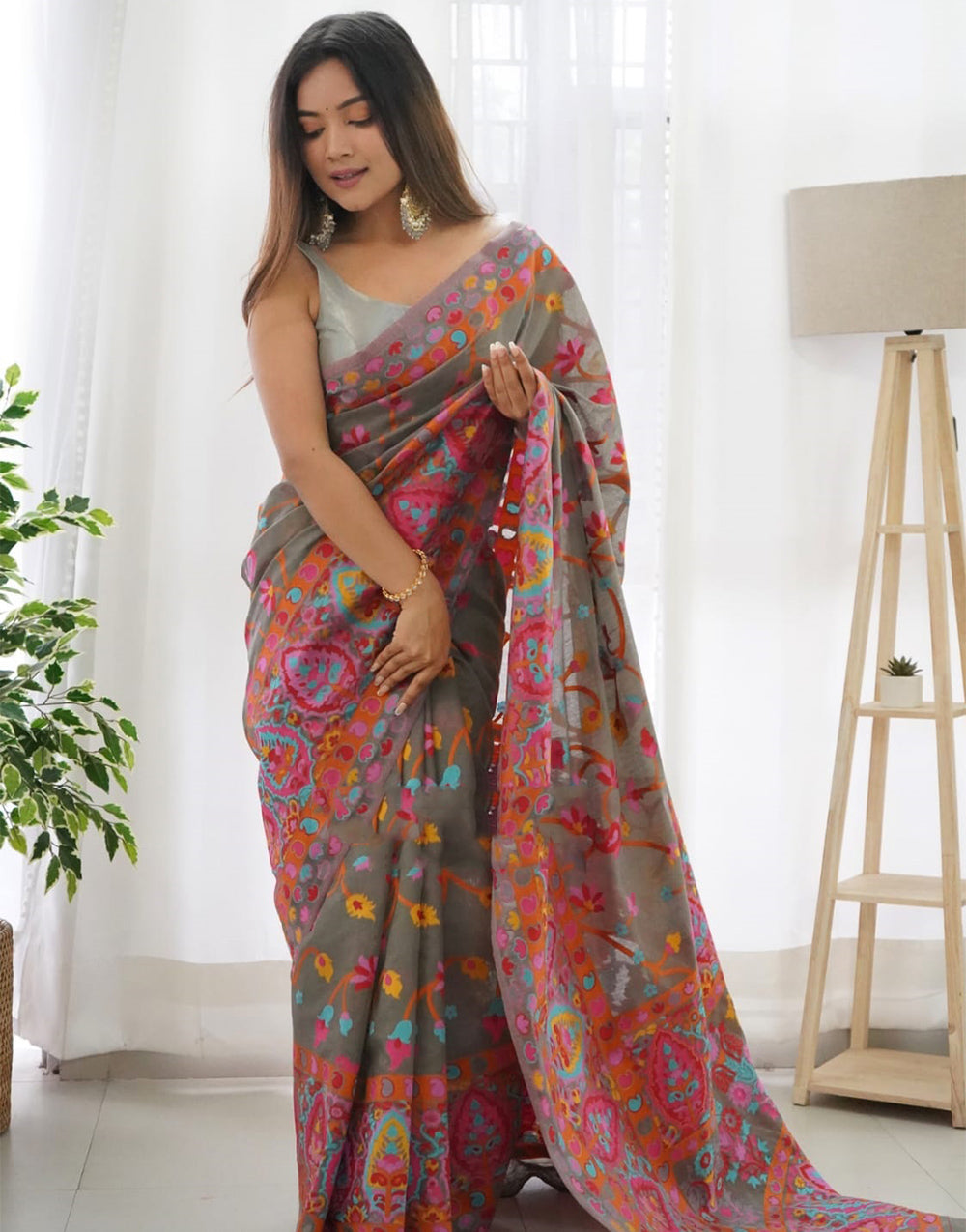 Grey Silk Saree With Kashmiri Weaving Work