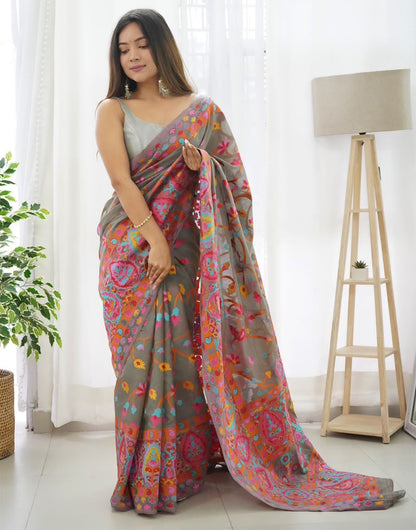 Grey Silk Saree With Kashmiri Weaving Work