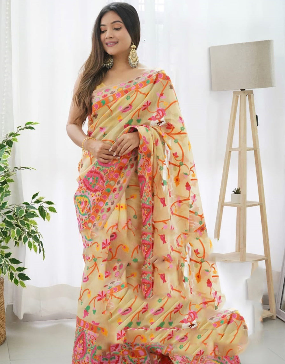 Light Yellow Kashmiri Weaving Silk Saree