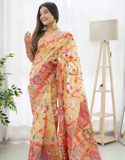 Light Yellow Kashmiri Weaving Silk Saree