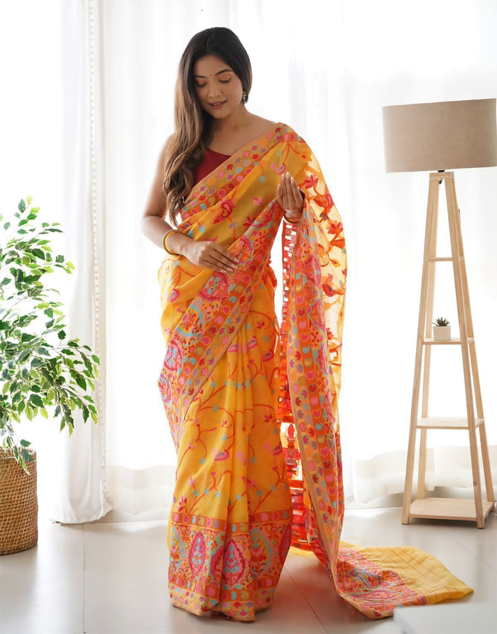 Yellow Kashmir Silk Saree With Weaving Work