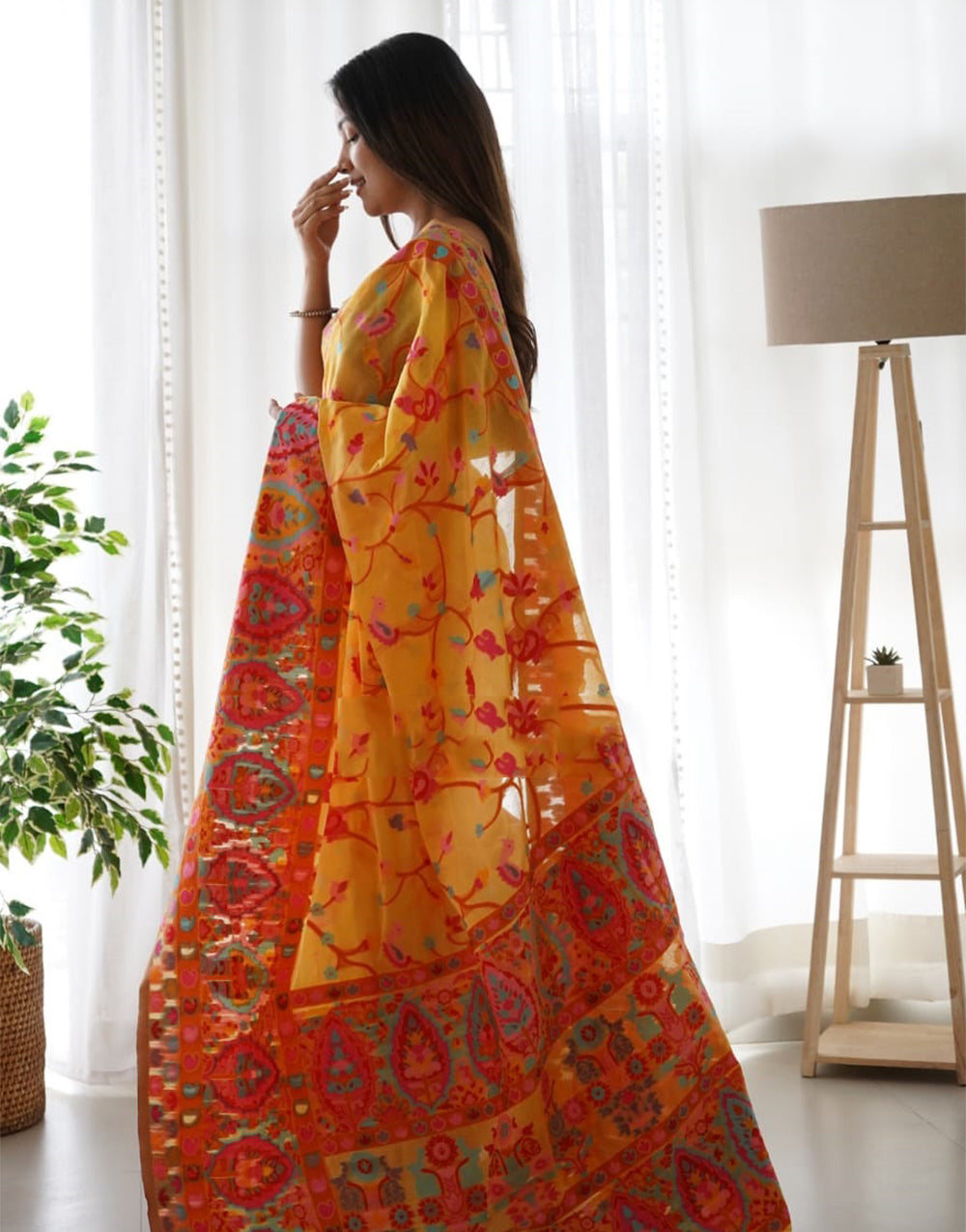 Yellow Kashmir Silk Saree With Weaving Work