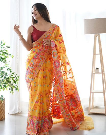 Yellow Kashmir Silk Saree With Weaving Work