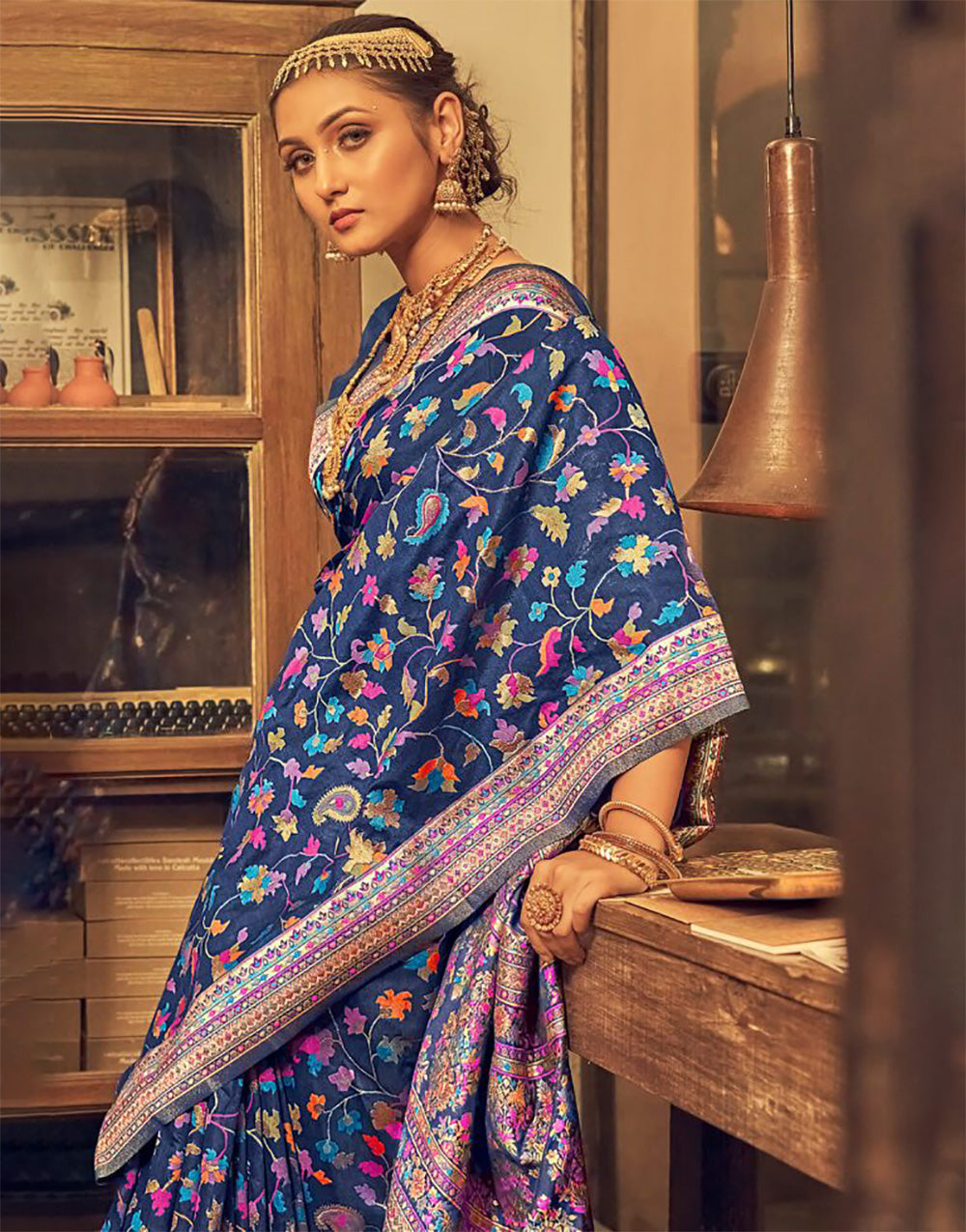 Blue Kashmiri Weaving Silk Saree