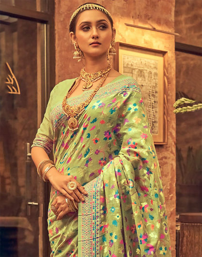 Pista Green Kashmiri Silk Saree With Kashmiri Weaving Work