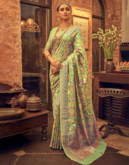 Pista Green Kashmiri Silk Saree With Kashmiri Weaving Work