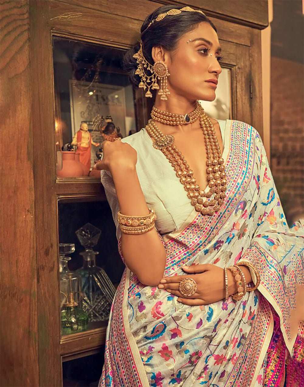 White Kashmiri Weaving Silk Saree