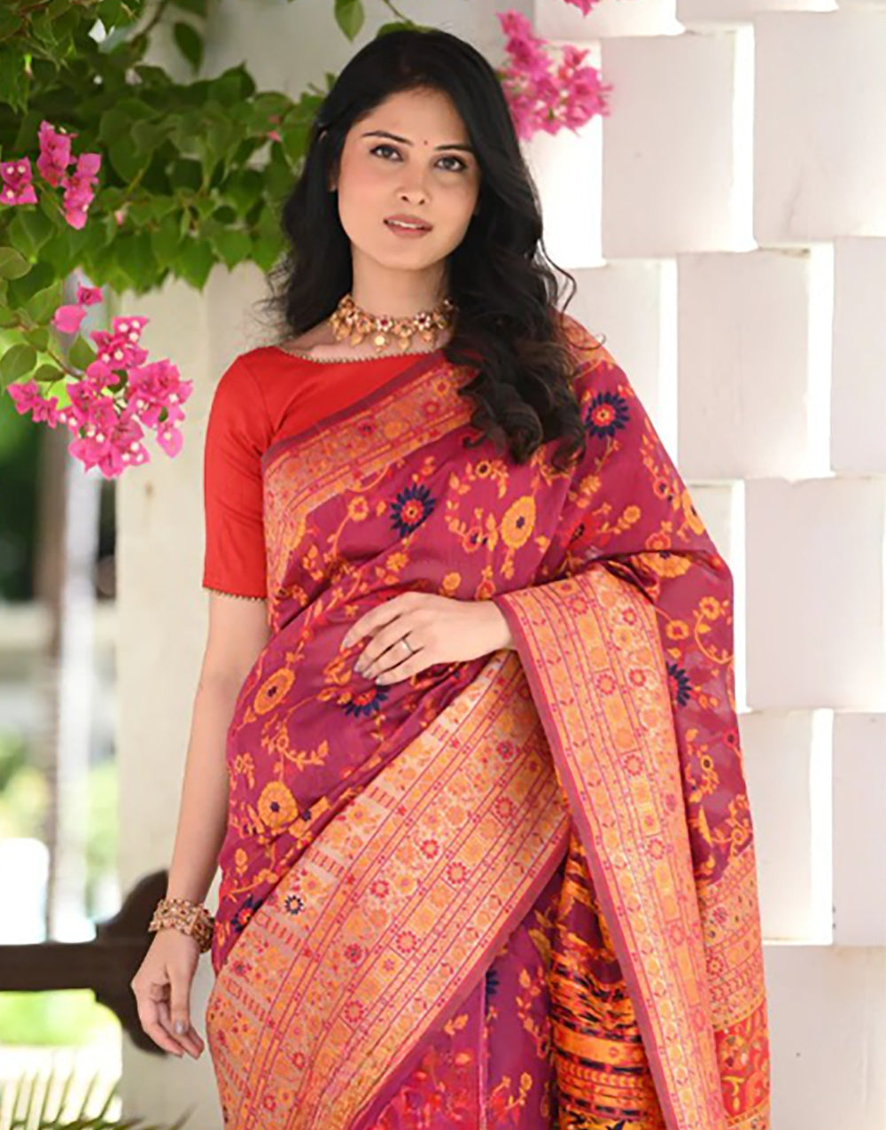 Brick Red Kashmiri Weaving Silk Saree