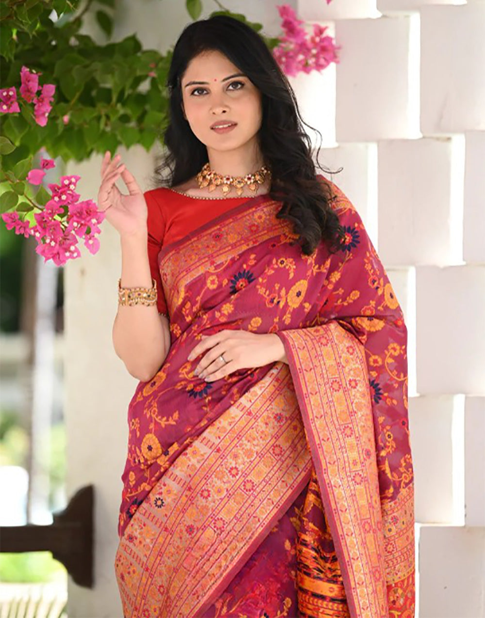 Brick Red Kashmiri Weaving Silk Saree