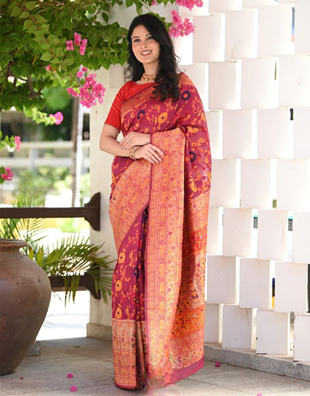 Brick Red Kashmiri Weaving Silk Saree