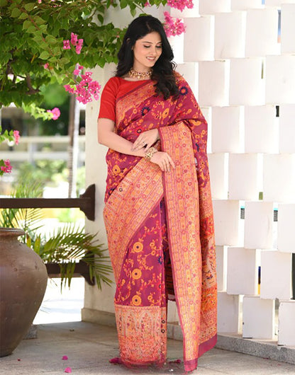 Brick Red Kashmiri Weaving Silk Saree