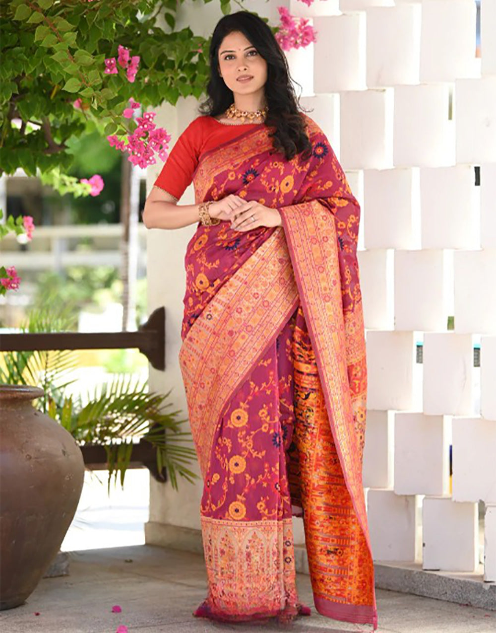 Brick Red Kashmiri Weaving Silk Saree