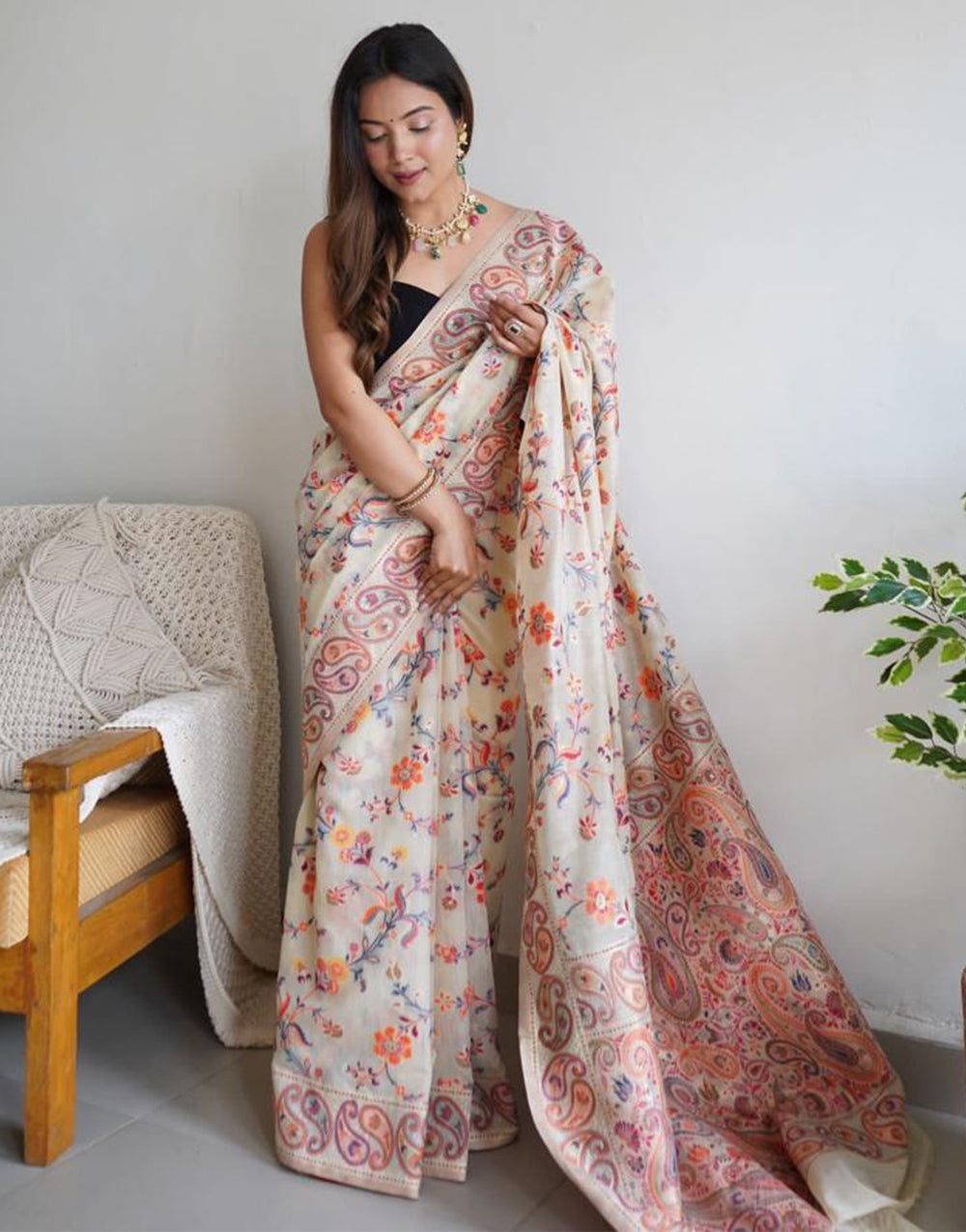 Cream Kashmiri Silk Saree With Weaving Work