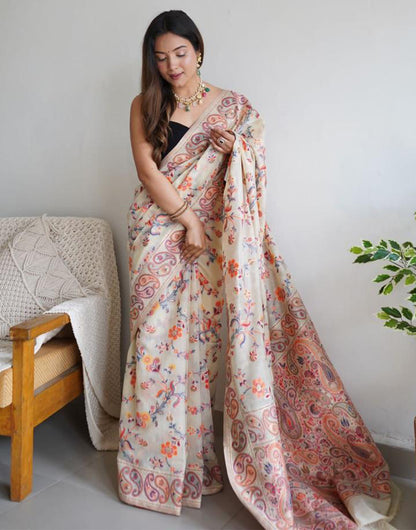 Cream Kashmiri Silk Saree With Weaving Work