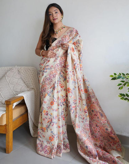 Cream Kashmiri Silk Saree With Weaving Work