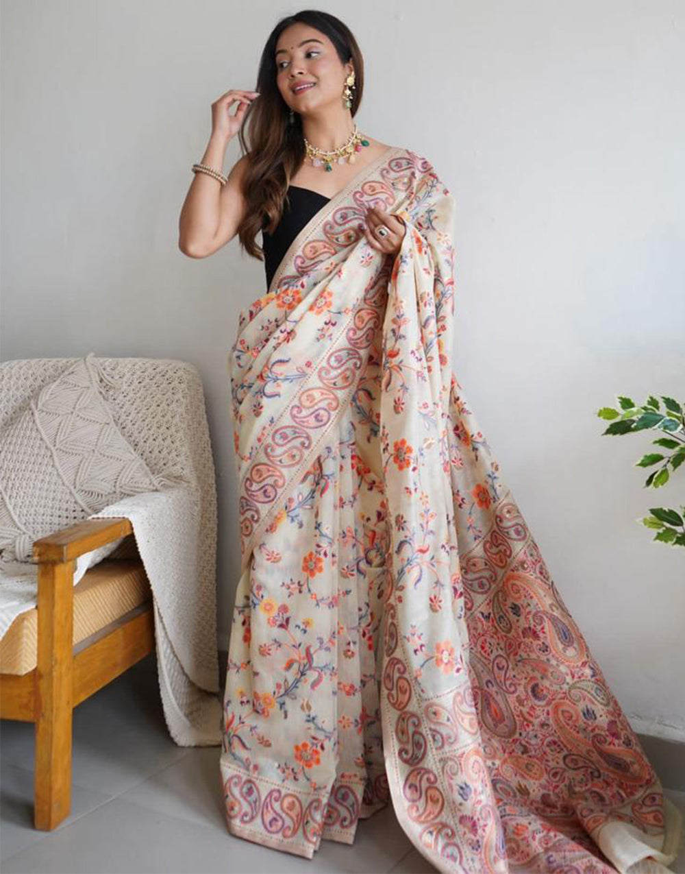 Cream Kashmiri Silk Saree With Weaving Work