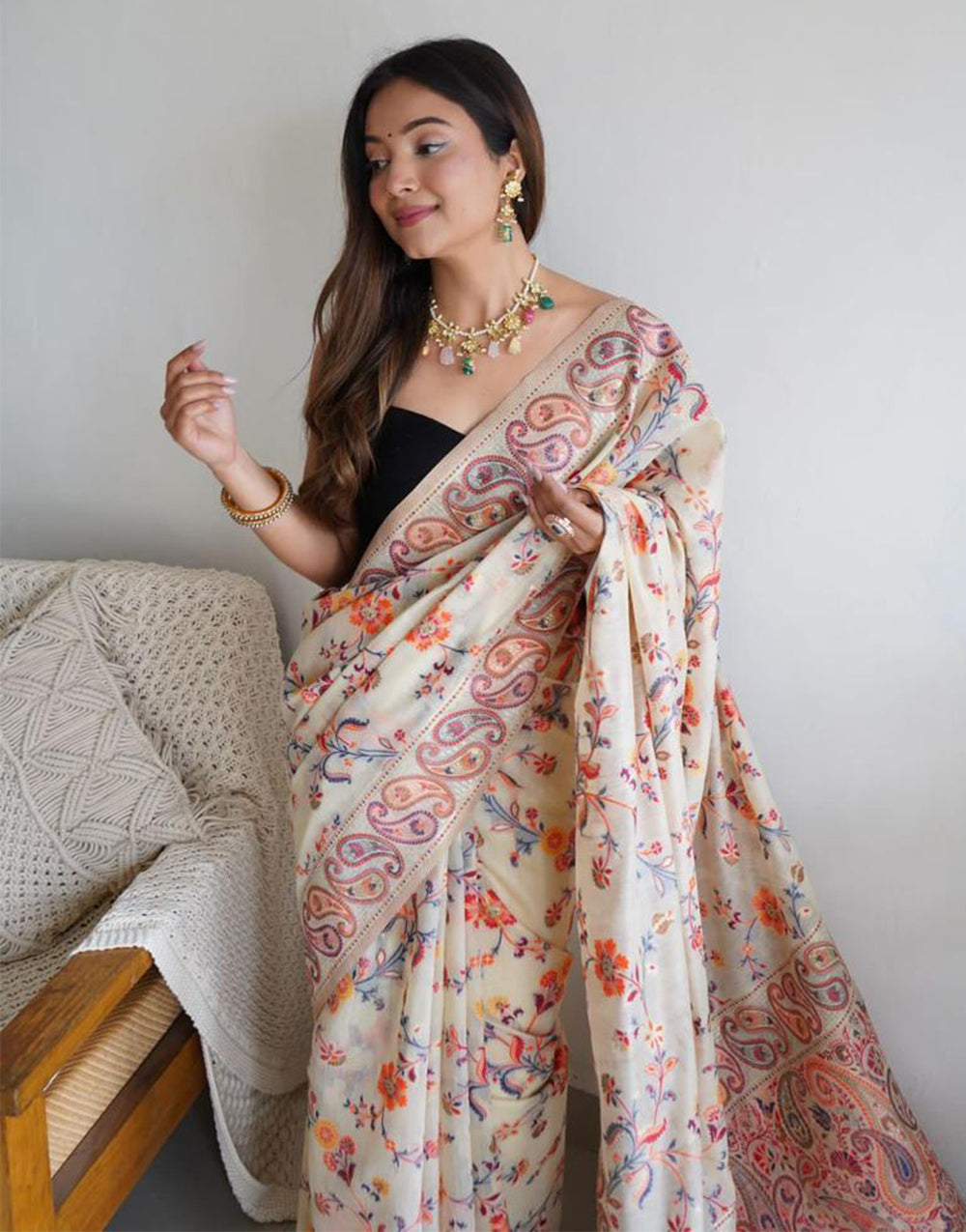 Cream Kashmiri Silk Saree With Weaving Work