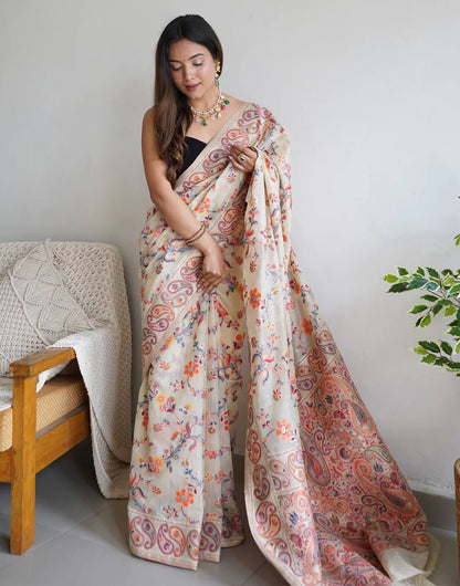 Cream Kashmiri Silk Saree With Weaving Work