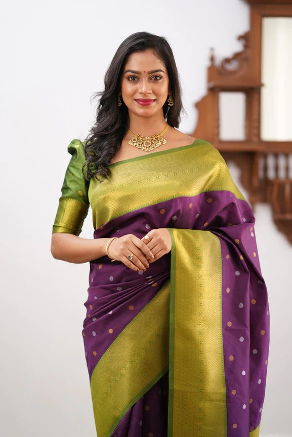 Pista Green & Wine Banarasi Soft Silk Saree With Weaving Work
