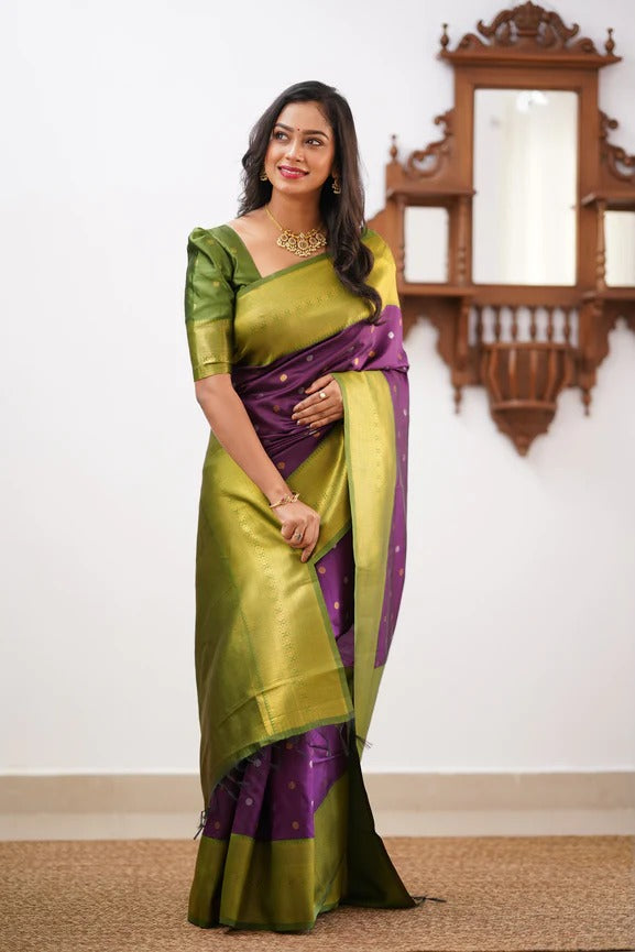 Pista Green & Wine Banarasi Soft Silk Saree With Weaving Work