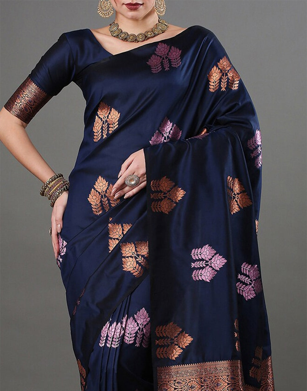 Navy Blue Banarasi Silk Saree With Weaving Work