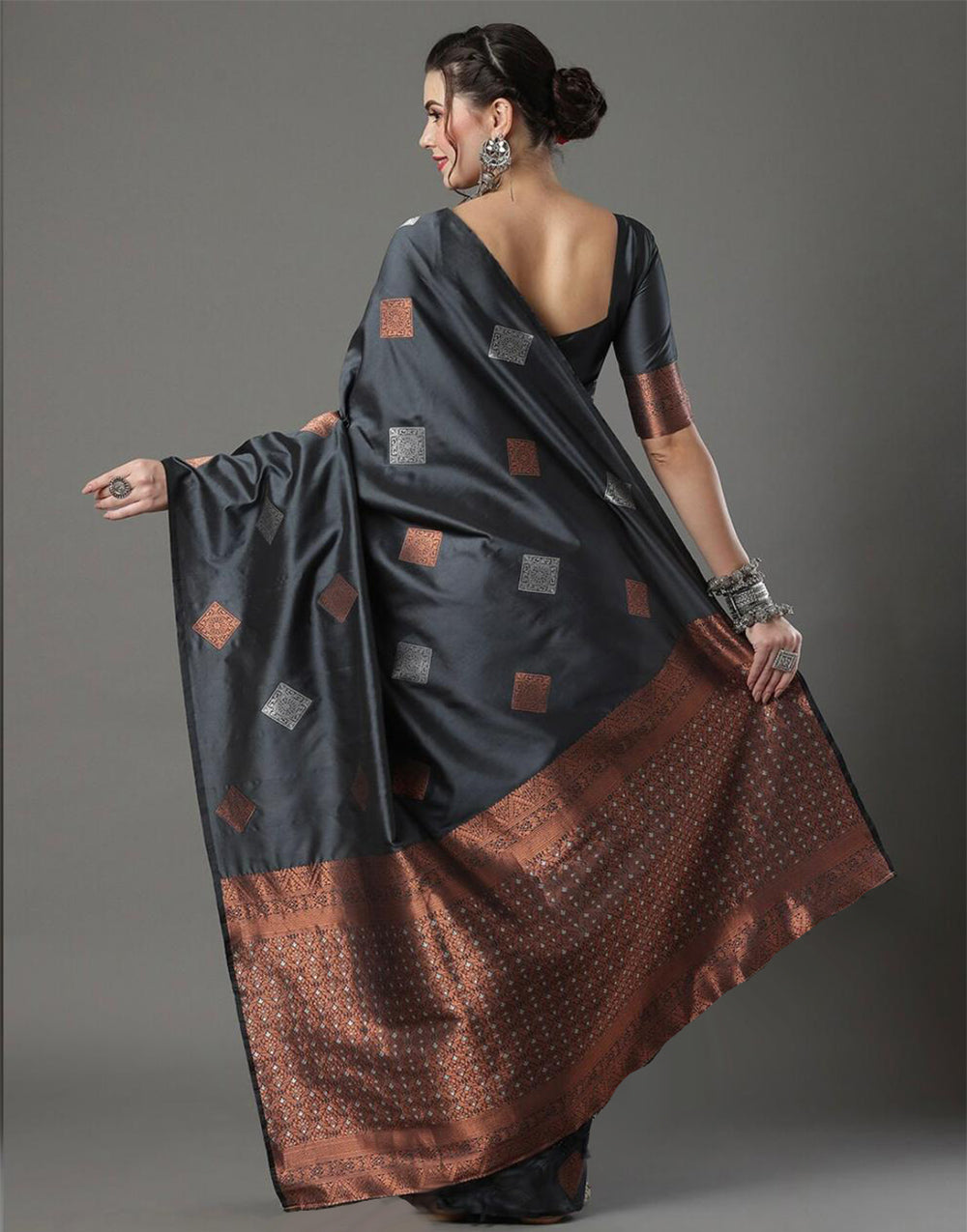 Grey Banarasi Silk Saree With Weaving Work
