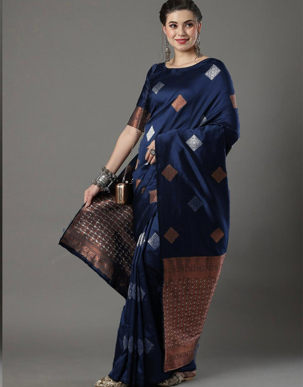 Navy Blue Banarasi Silk Saree With Weaving Work