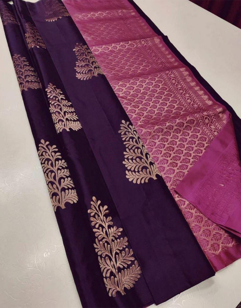 Deep Violet Banarasi Silk Saree With Weaving Work