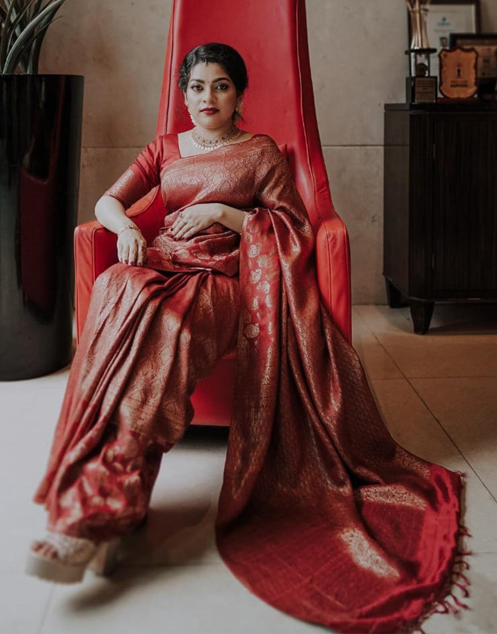 Candy Red Banarasi Silk With Zari Weaving Saree