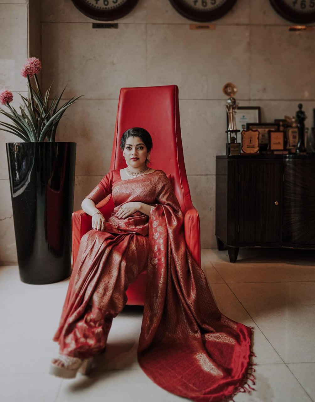 Red Banarasi Silk Saree With Zari Weaving Work