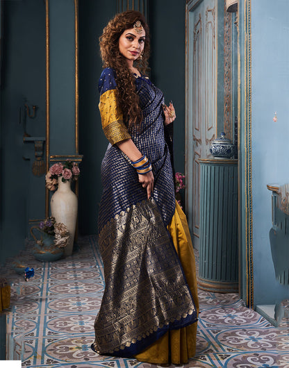 Navy Blue & Mustard Yellow Banarasi Silk Saree With Zari Weaving Work