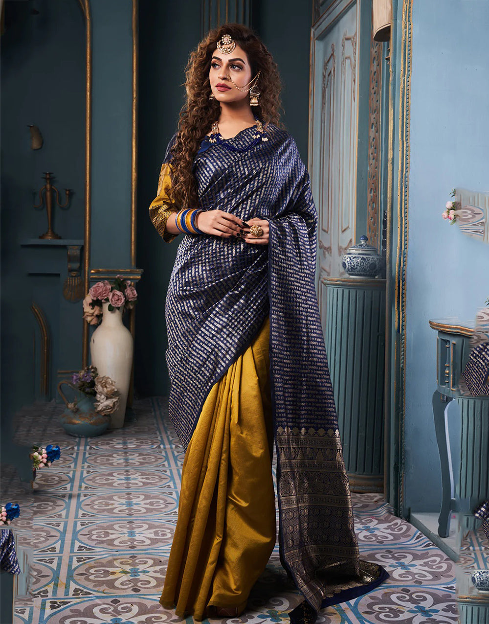 Navy Blue & Mustard Yellow Banarasi Silk Saree With Zari Weaving Work