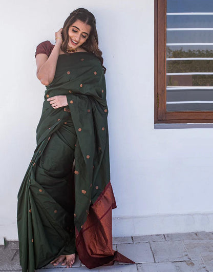 Dark Green Banarasi Silk Saree With Zari Weaving Work