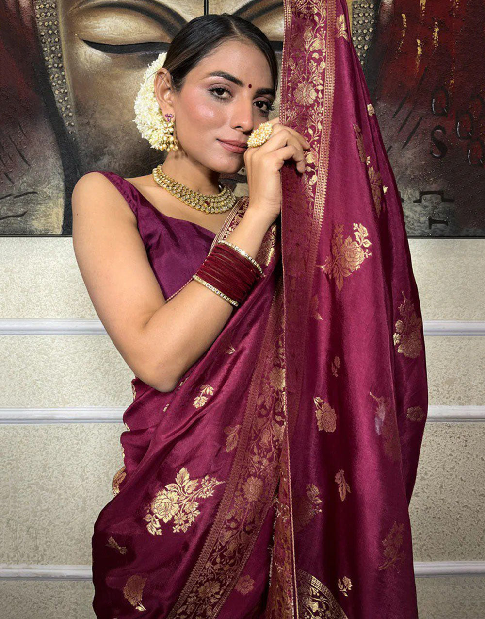 Boysenberry Purple Banarasi Silk Saree With Zari Weaving Work