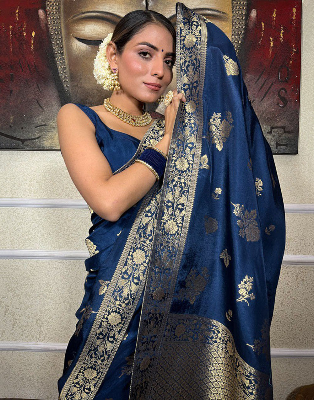 Prussian Blue Banarasi Silk Saree With Zari Weaving Work