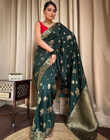 Dark Green Banarasi Silk Saree With Zari Weaving Work