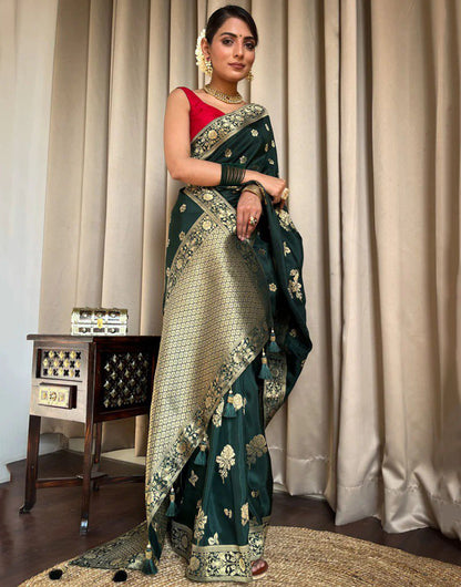 Dark Green Banarasi Silk Saree With Zari Weaving Work