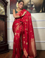 Dark Red Banarasi Silk Saree With Zari Weaving Work