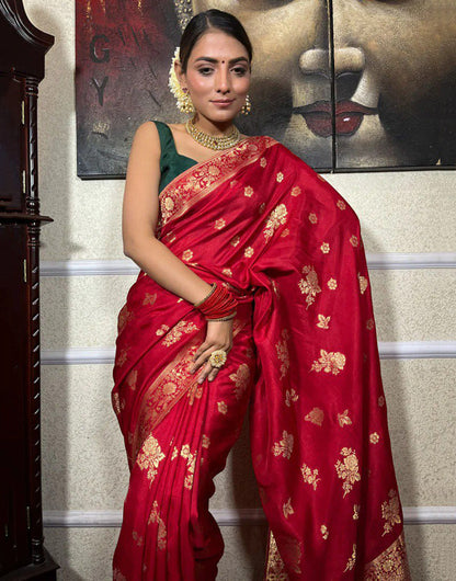 Dark Red Banarasi Silk Saree With Zari Weaving Work